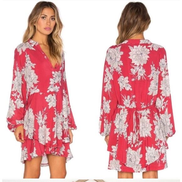 Free People Dresses & Skirts - Free People Dress Shake It Mini XS Red Floral Cottagecore Boho Flowy Shirtdress